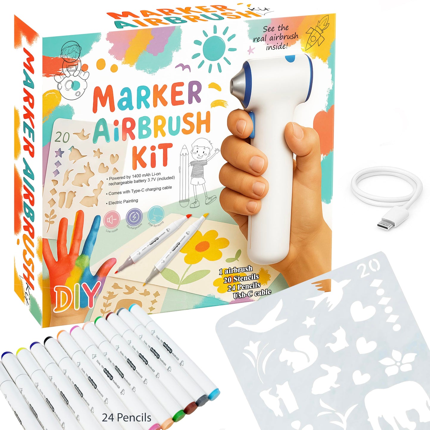 BECUSSITTA Airbrush Marker Sprayer Set for Kids – 24 Washable Markers & 20 Stencils (Cordless)