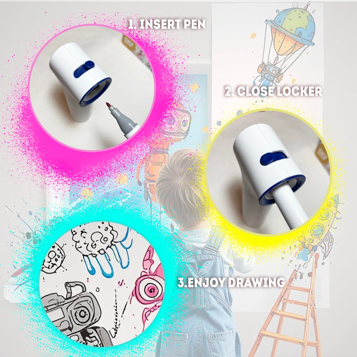 BECUSSITTA Airbrush Marker Sprayer Set for Kids – 24 Washable Markers & 20 Stencils (Cordless)