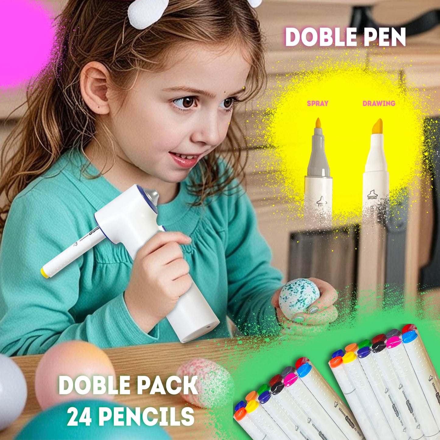 BECUSSITTA Airbrush Marker Sprayer Set for Kids – 24 Washable Markers & 20 Stencils (Cordless)