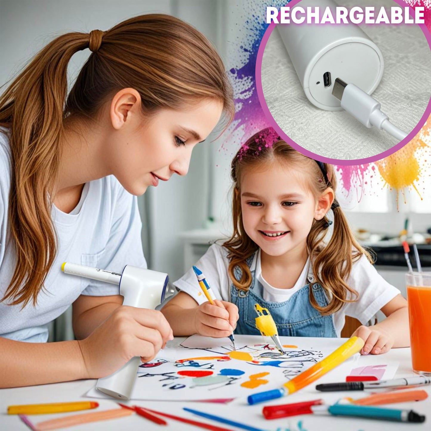 BECUSSITTA Airbrush Marker Sprayer Set for Kids – 24 Washable Markers & 20 Stencils (Cordless)