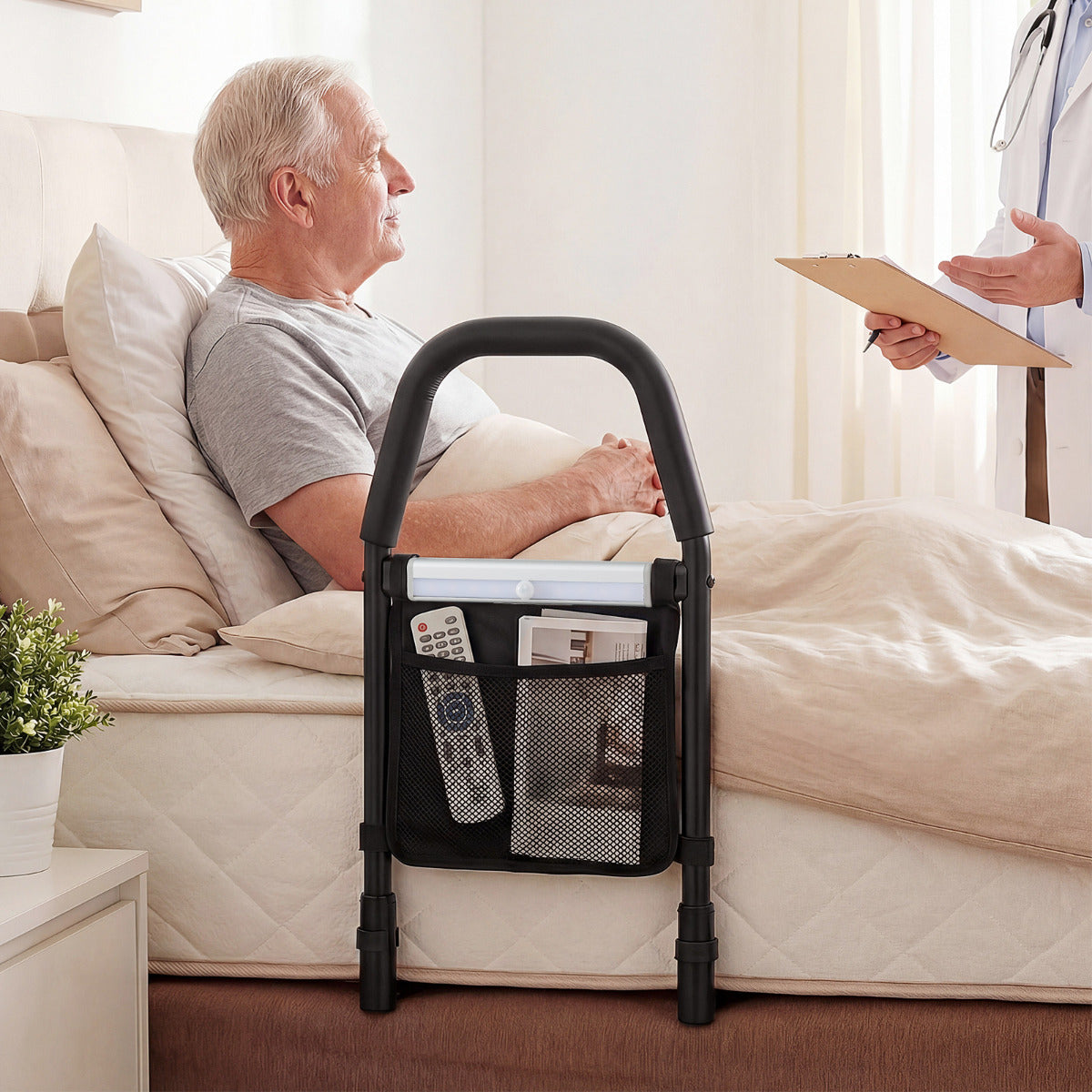 Bed Rails with Motion Sensor Light and Storage Pocket for Elderly Adults-Black