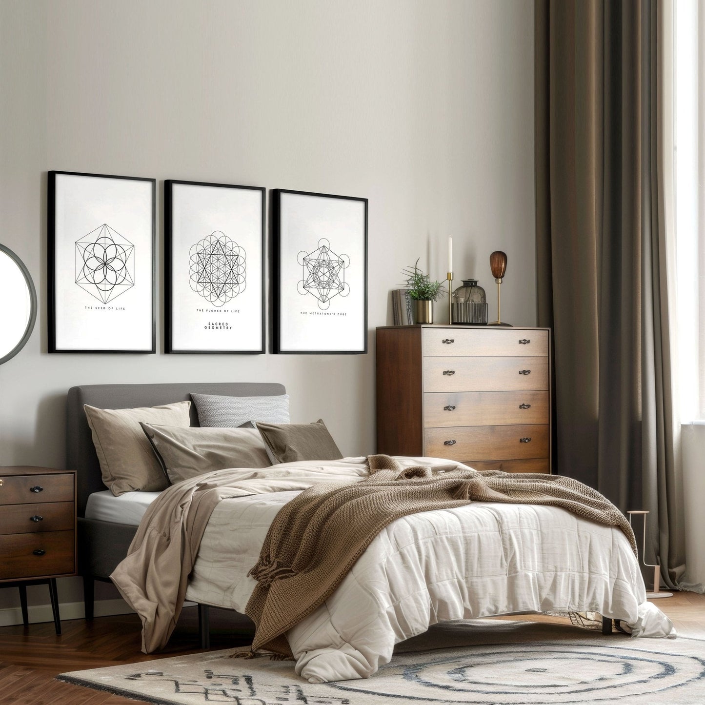 Bedrooms Black And White | Set of 3 Sacred Geometry Wall art Prints