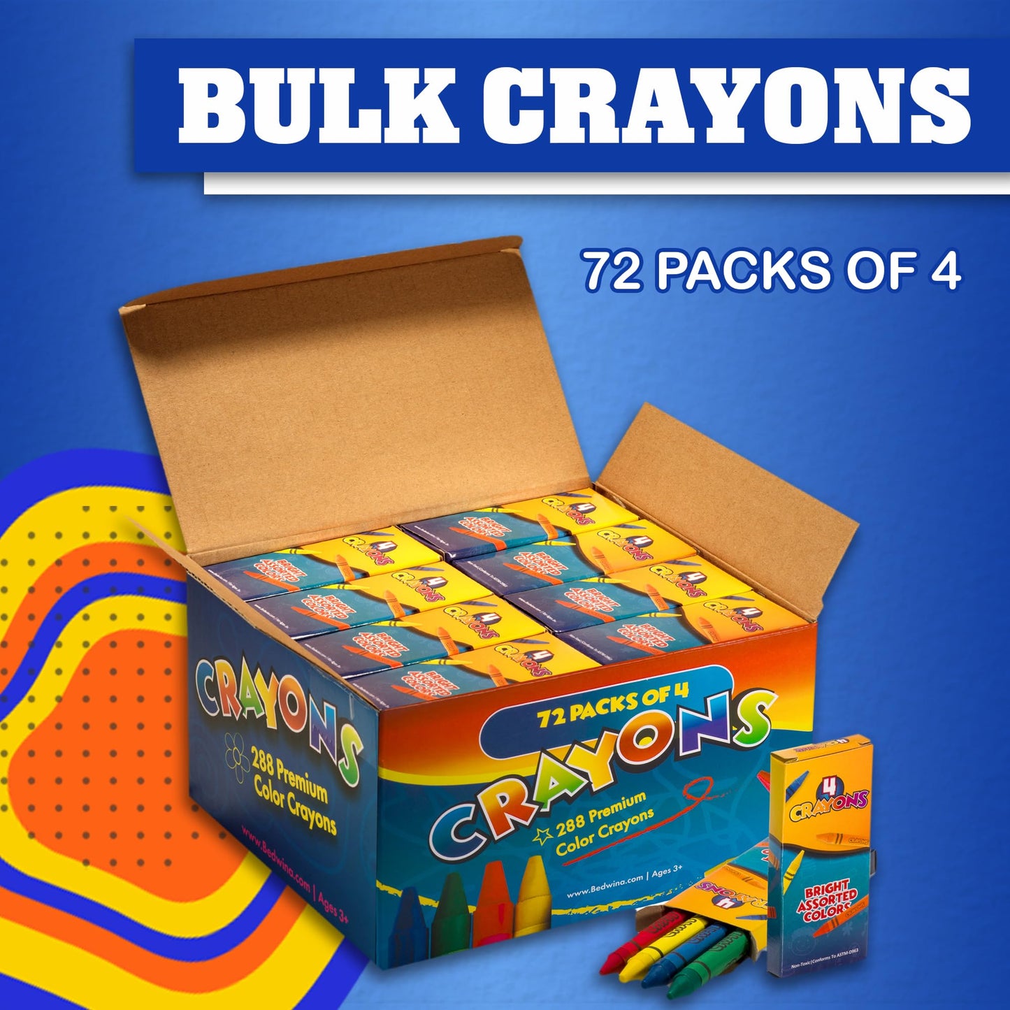 Bedwina Bulk Crayons – 288 Crayons (72 x 4 Packs) Non-Toxic for Parties & Goody Bags