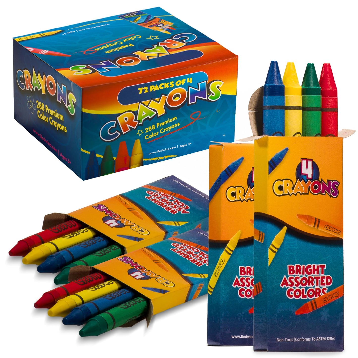 Bedwina Bulk Crayons – 288 Crayons (72 x 4 Packs) Non-Toxic for Parties & Goody Bags