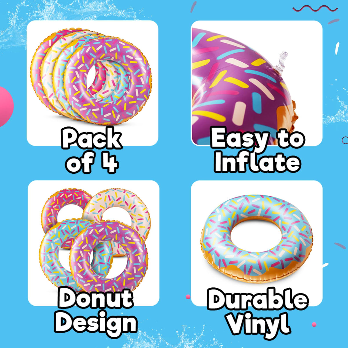 Bedwina Inflatable Donuts – Pack of 4, 24-Inch Pool Floats for Kids Ages 2-6