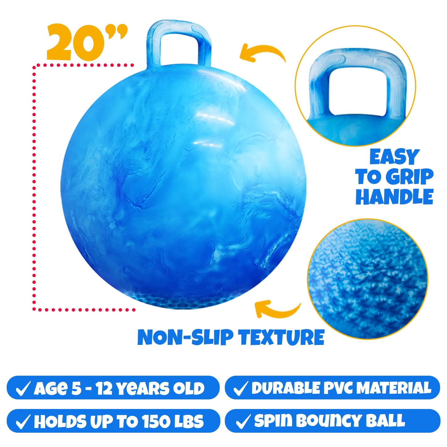 Bedwina 20-Inch Bouncing Ball with Handle & Pump | Indoor & Outdoor Hop Toy for Kids