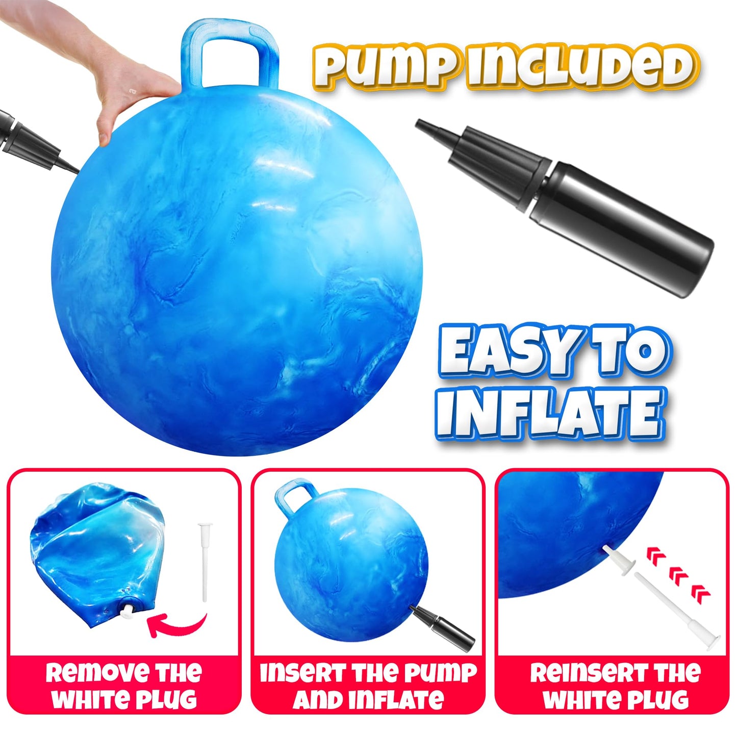Bedwina 20-Inch Bouncing Ball with Handle & Pump | Indoor & Outdoor Hop Toy for Kids