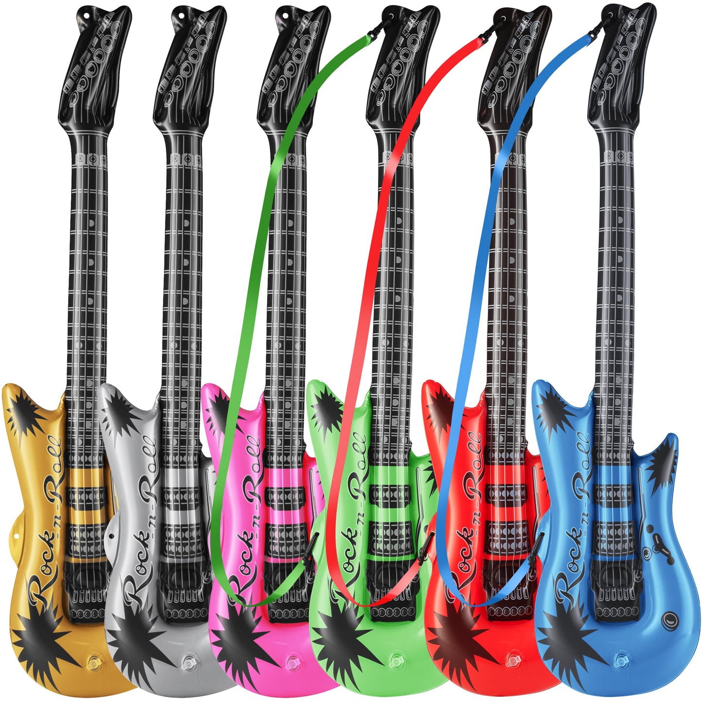 Bedwina 36in Inflatable Guitars with Strap - 12 Pack Neon Party Props