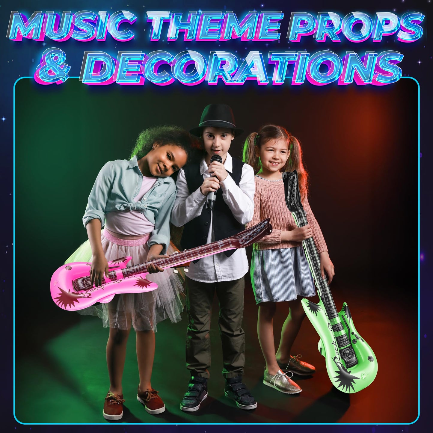 Bedwina 36in Inflatable Guitars with Strap - 12 Pack Neon Party Props
