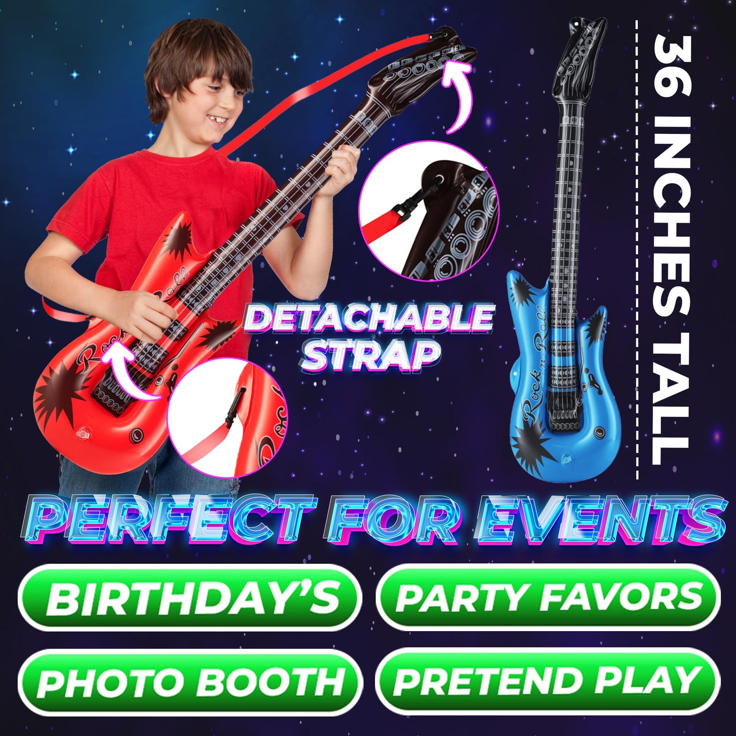 Bedwina 36in Inflatable Guitars with Strap - 12 Pack Neon Party Props