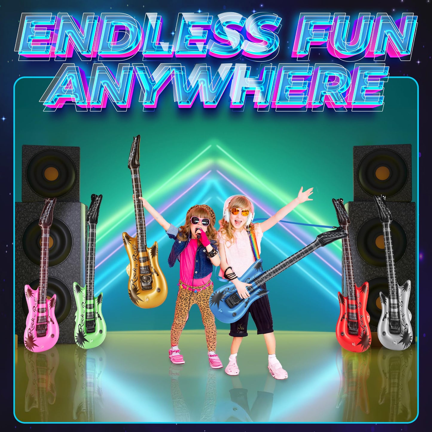 Bedwina 36in Inflatable Guitars with Strap - 12 Pack Neon Party Props