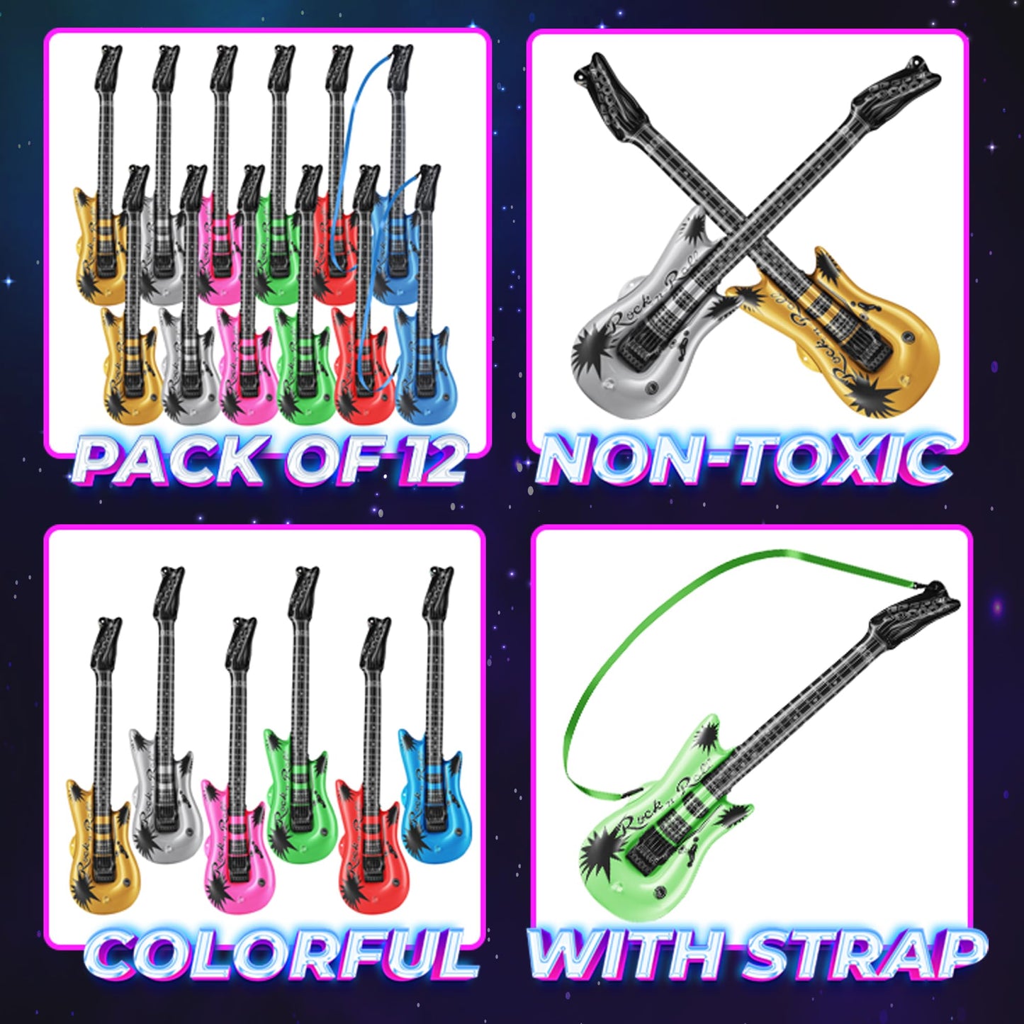 Bedwina 36in Inflatable Guitars with Strap - 12 Pack Neon Party Props