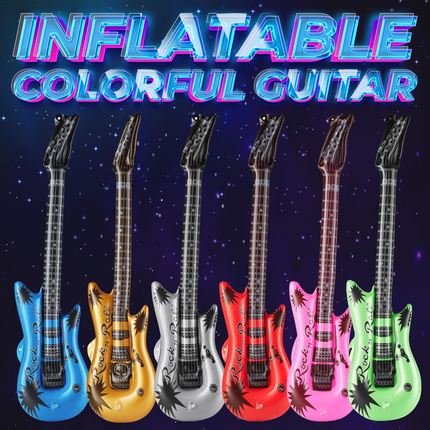 Bedwina 36in Inflatable Guitars with Strap - 12 Pack Neon Party Props