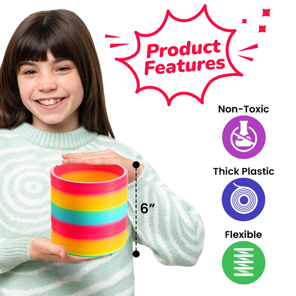 Bedwina Jumbo Rainbow Spring Coil Toy — 6-Inch Giant Plastic Spring for Kids