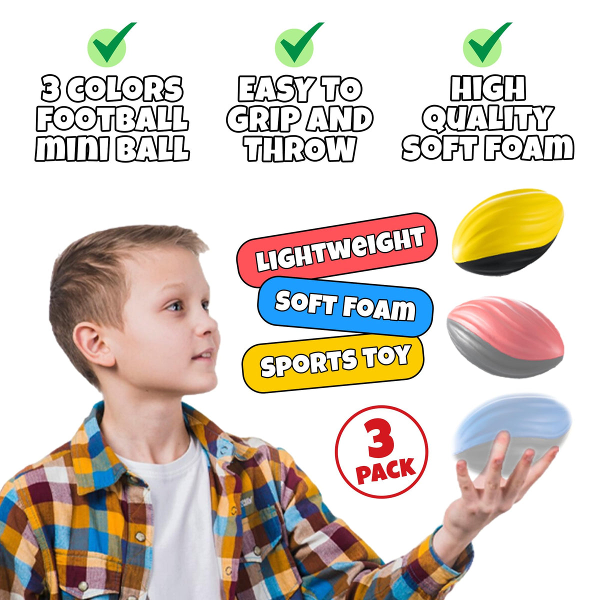 Bedwina 5\" Mini Foam Footballs (Pack of 3) – Indoor & Outdoor Kids Play