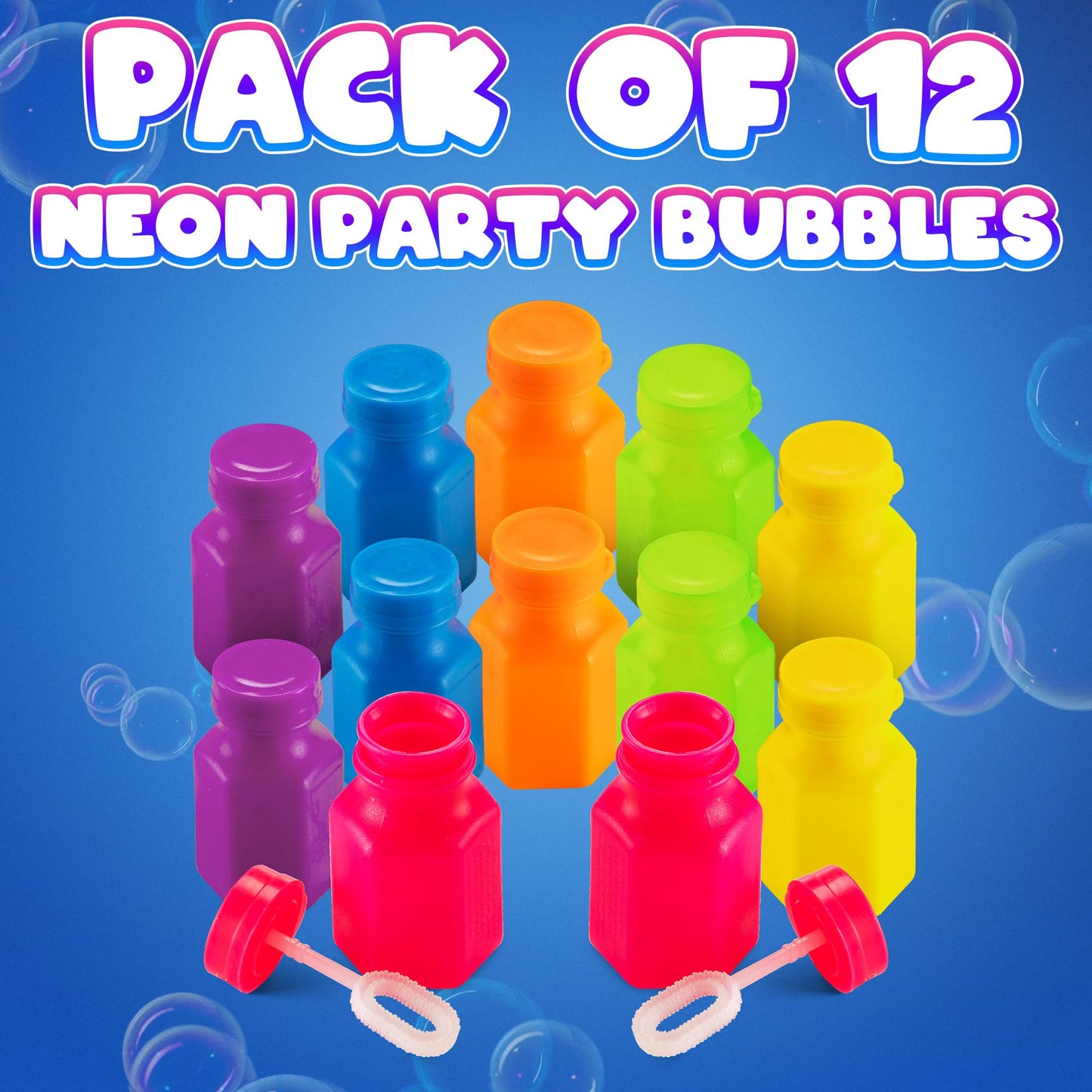 Bedwina Mini Neon Bubbles for Kids – Pack of 12 Neon Bubble Bottles & Wands