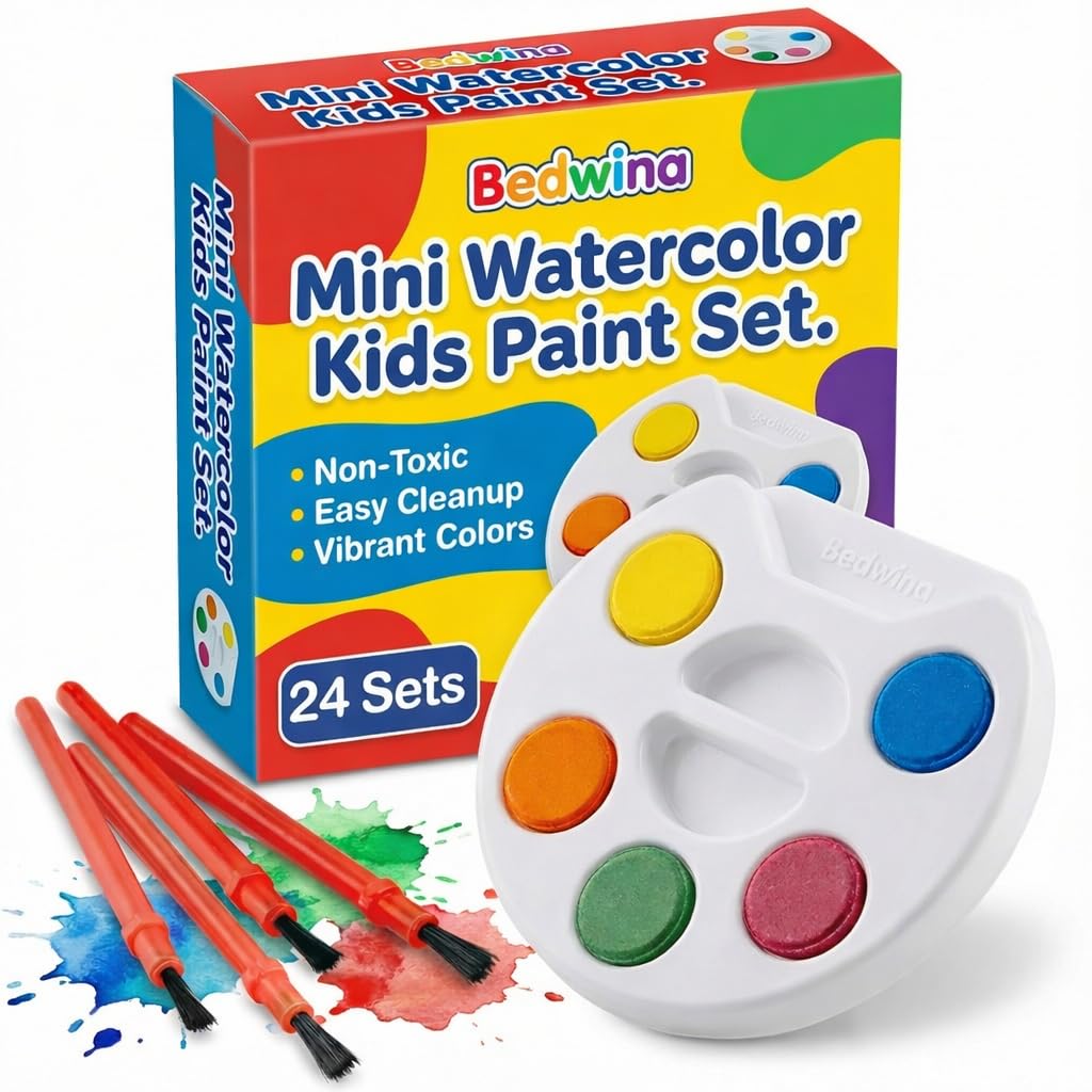 Bedwina Mini Watercolor Kids Paint Set – Bulk Pack 24 with 5 Colors, Tray & Brush
