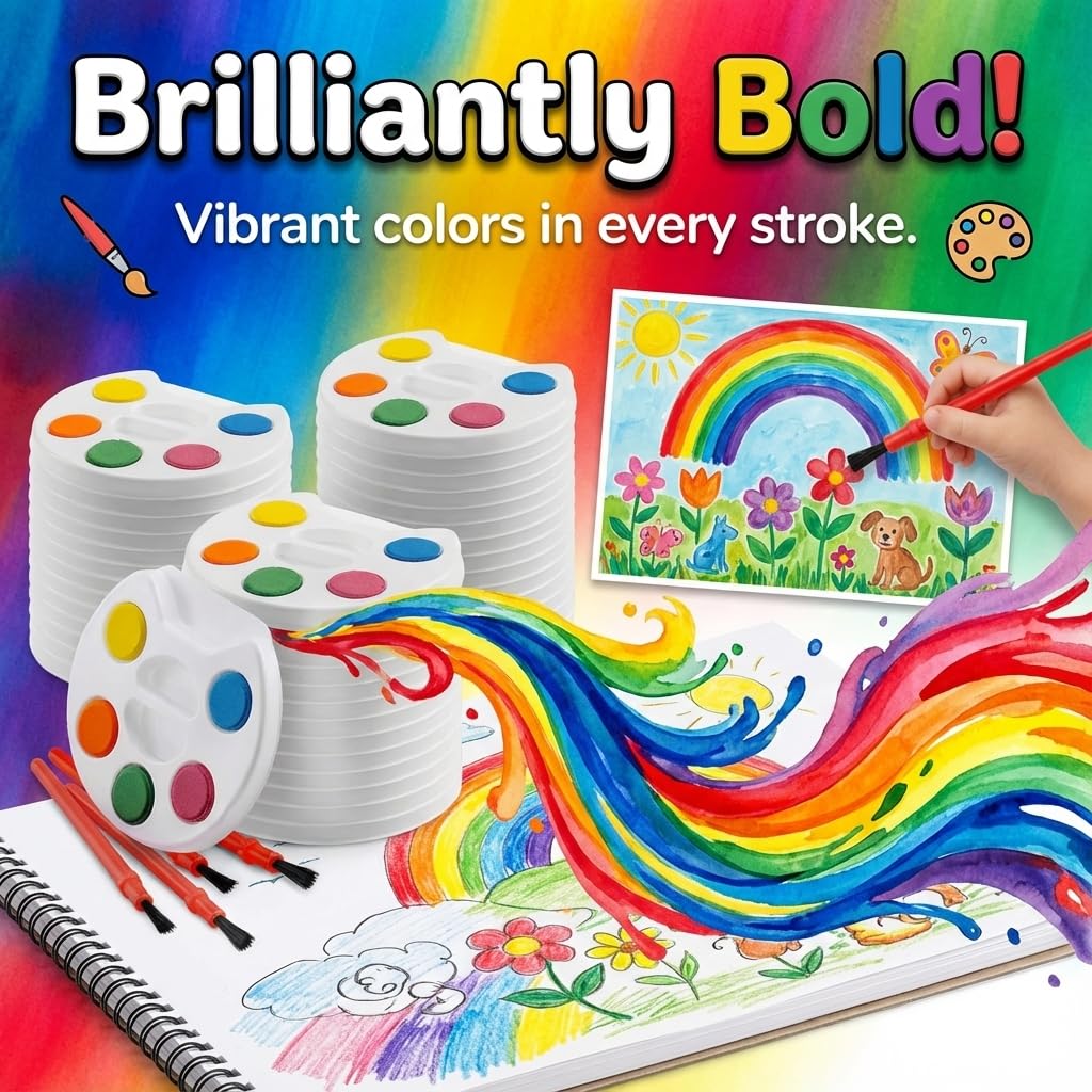 Bedwina Mini Watercolor Kids Paint Set – Bulk Pack 24 with 5 Colors, Tray & Brush