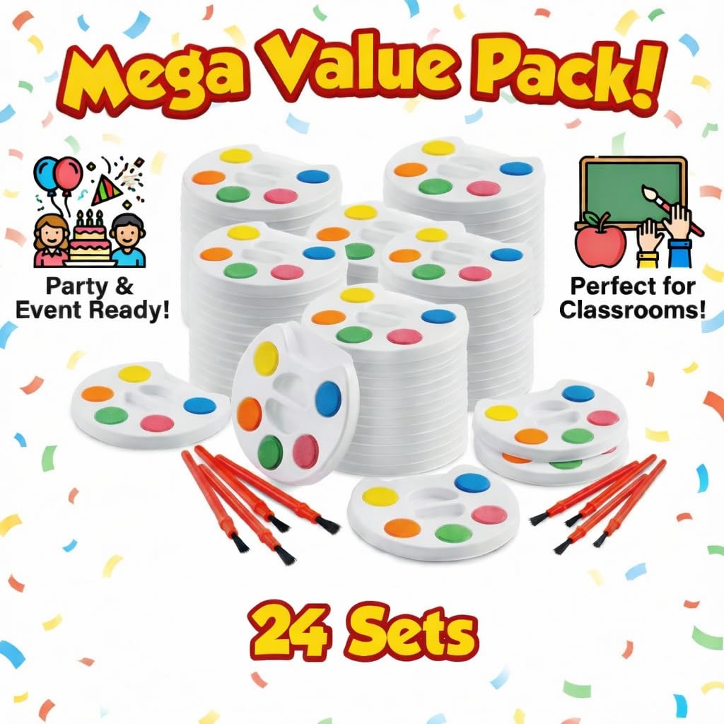 Bedwina Mini Watercolor Kids Paint Set – Bulk Pack 24 with 5 Colors, Tray & Brush