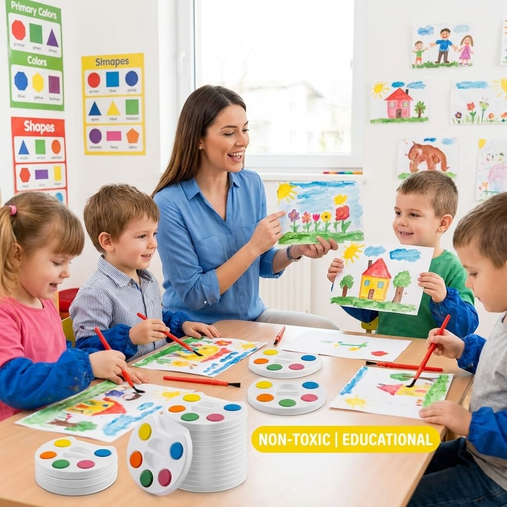 Bedwina Mini Watercolor Kids Paint Set – Bulk Pack 24 with 5 Colors, Tray & Brush