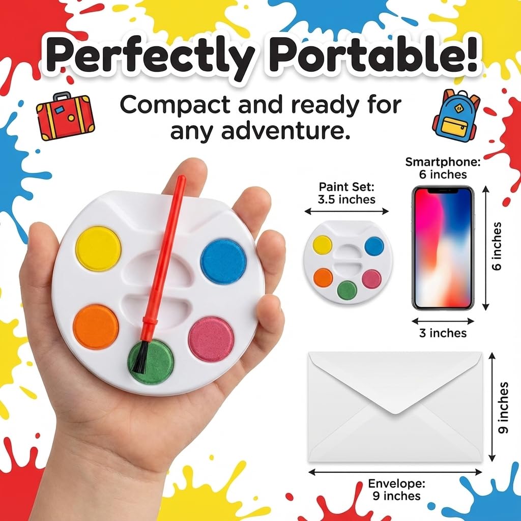Bedwina Mini Watercolor Kids Paint Set – Bulk Pack 24 with 5 Colors, Tray & Brush
