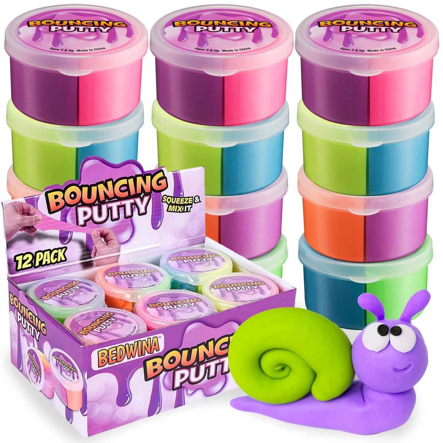 Bedwina Neon Bouncing Putty – 12-Pack Rainbow Slime for Kids | Sensory Putty & Party Favors