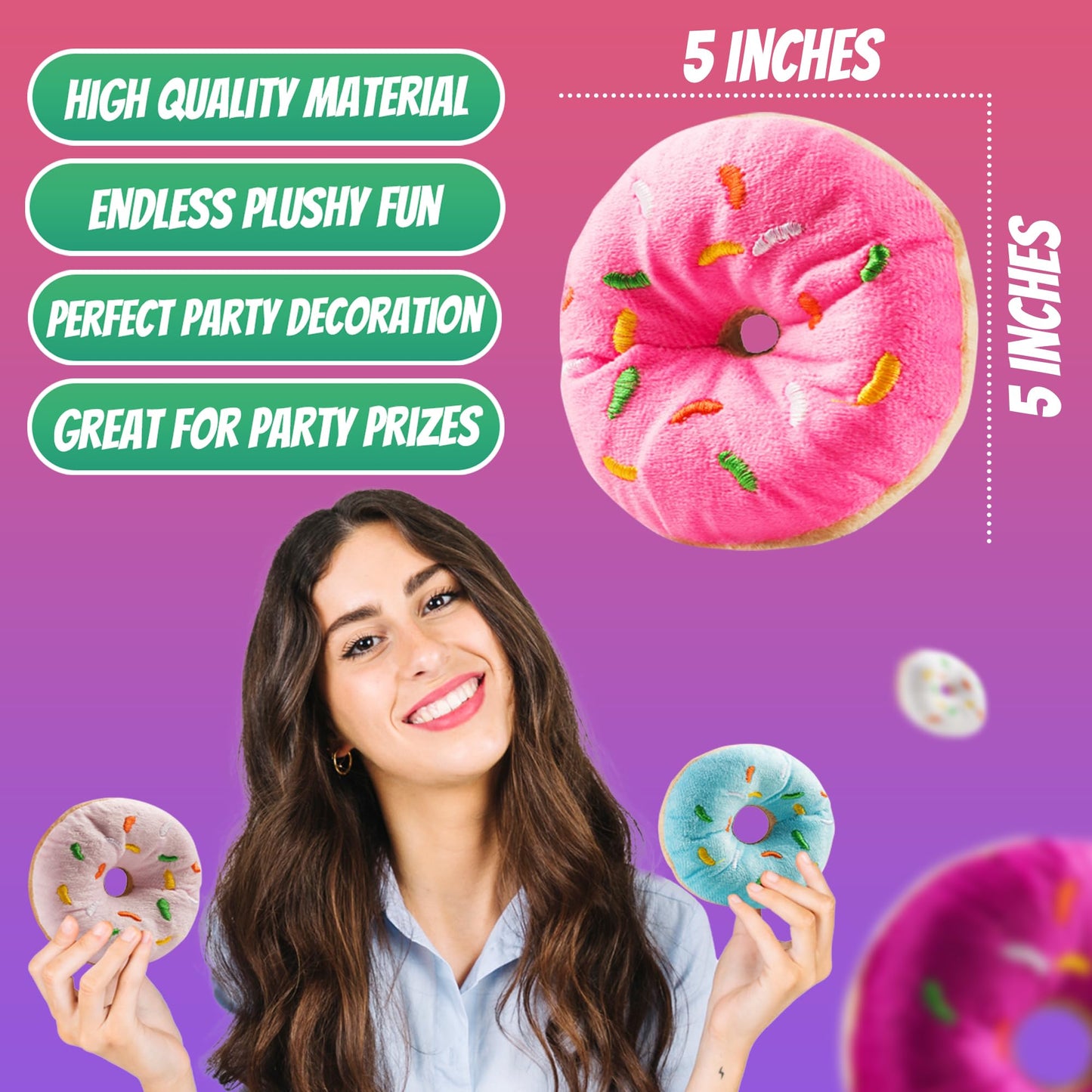 Bedwina Plush Donuts with Sprinkles – 12 Pack | Soft Donut Toys for Parties & Decorations