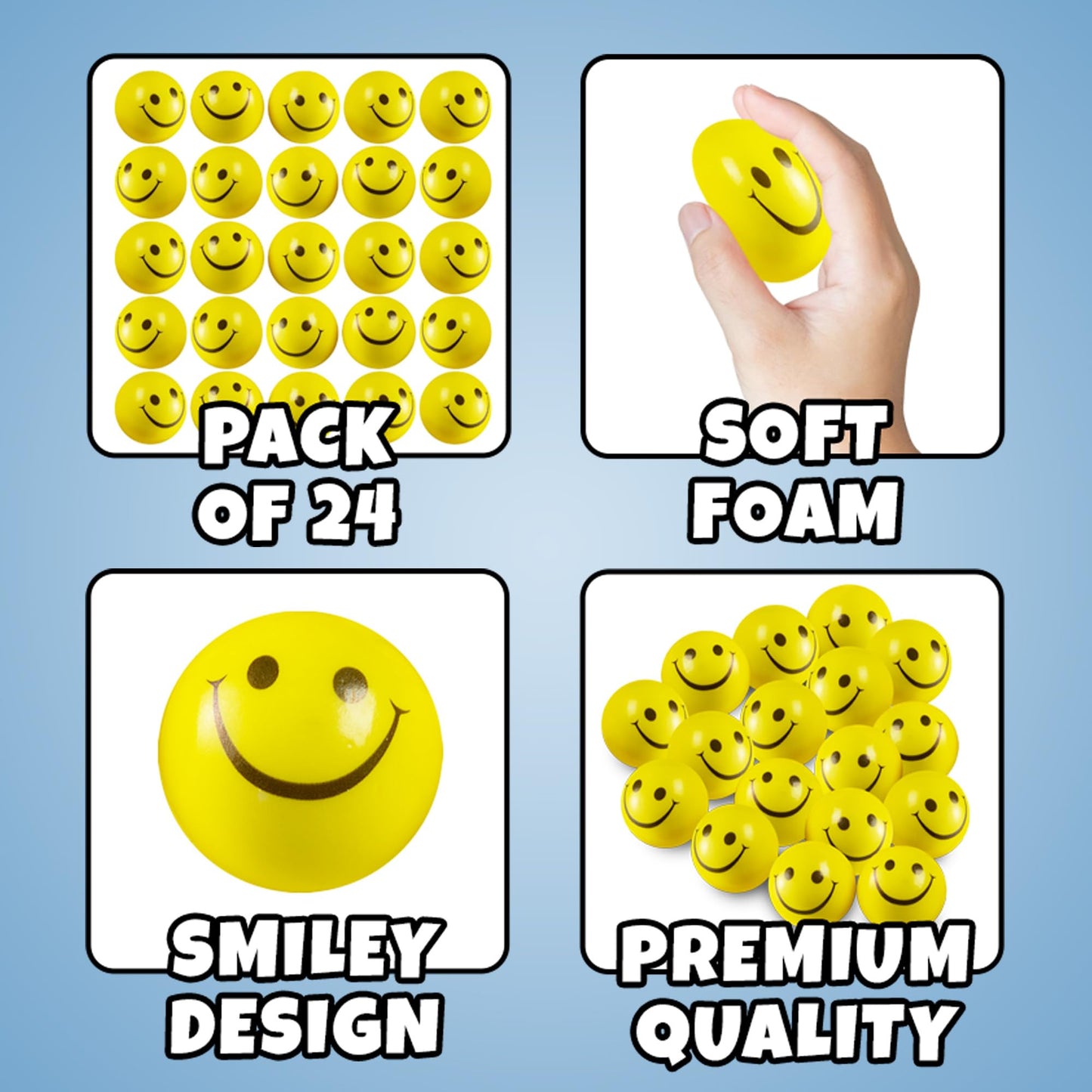 Bedwina Smile Face Stress Balls – 24 Pack, 2-Inch Fidget Toys for Kids & Adults