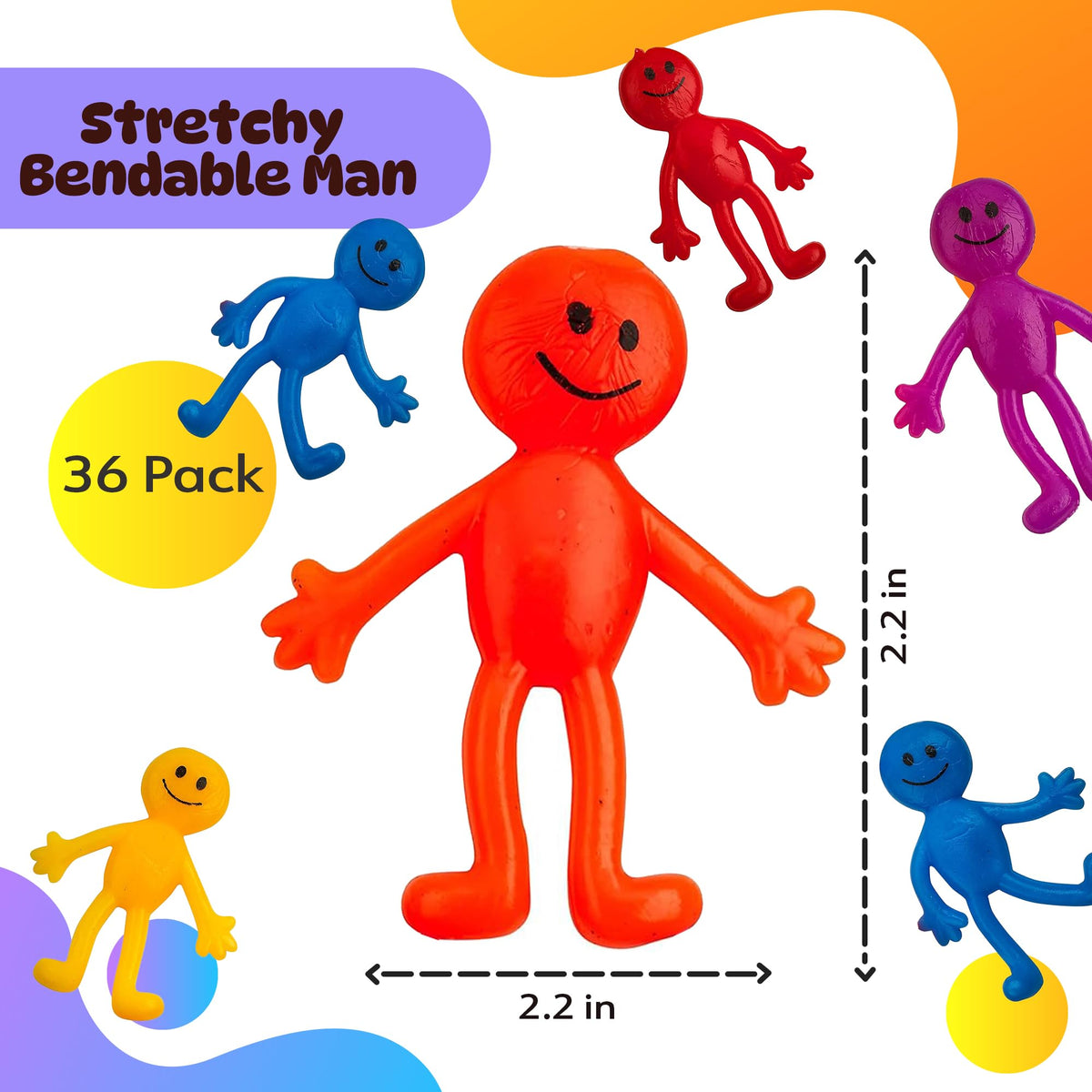 Bedwina Stretchy Bendable Man 36 Pack — Colorful Fidget Toys for Stress Relief, Party Favors & Stocking Stuffers