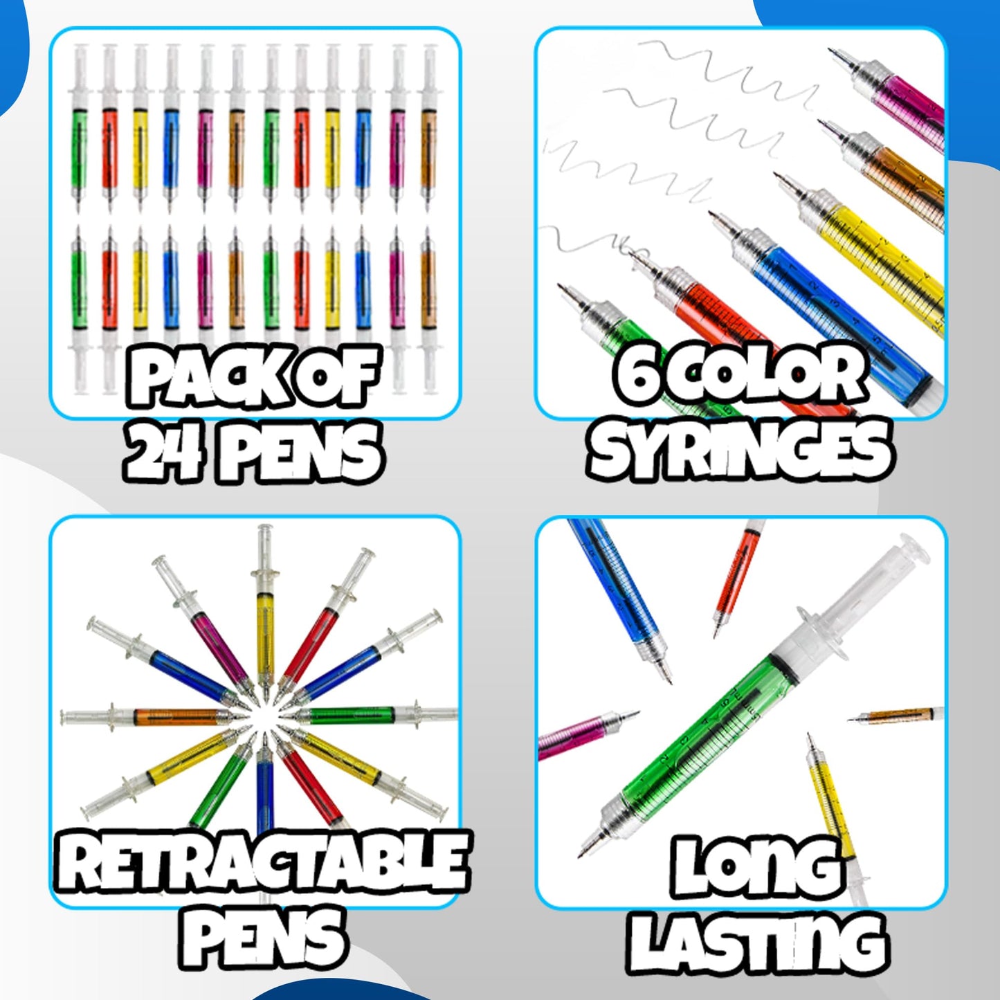 Bedwina Syringe Pens – Bulk Pack of 24 Neon Retractable Pens for Nurses & Students