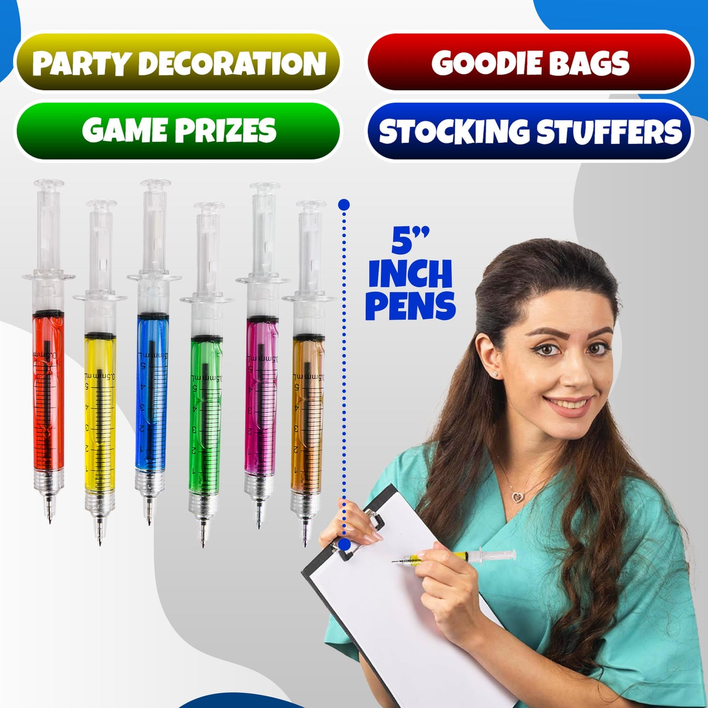 Bedwina Syringe Pens – Bulk Pack of 24 Neon Retractable Pens for Nurses & Students