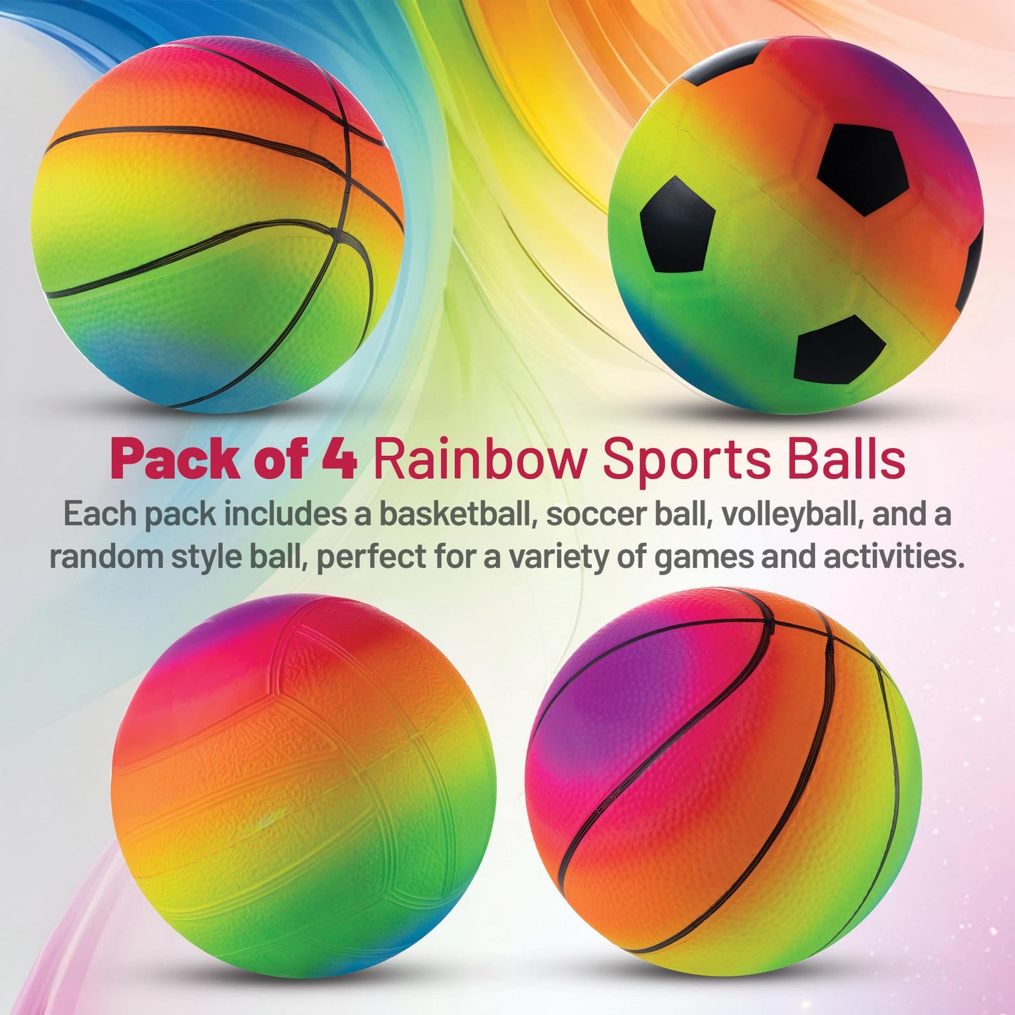 Bedwina Mini Rainbow Sports Balls - 5-Inch Pack of 4 with Hand Pump