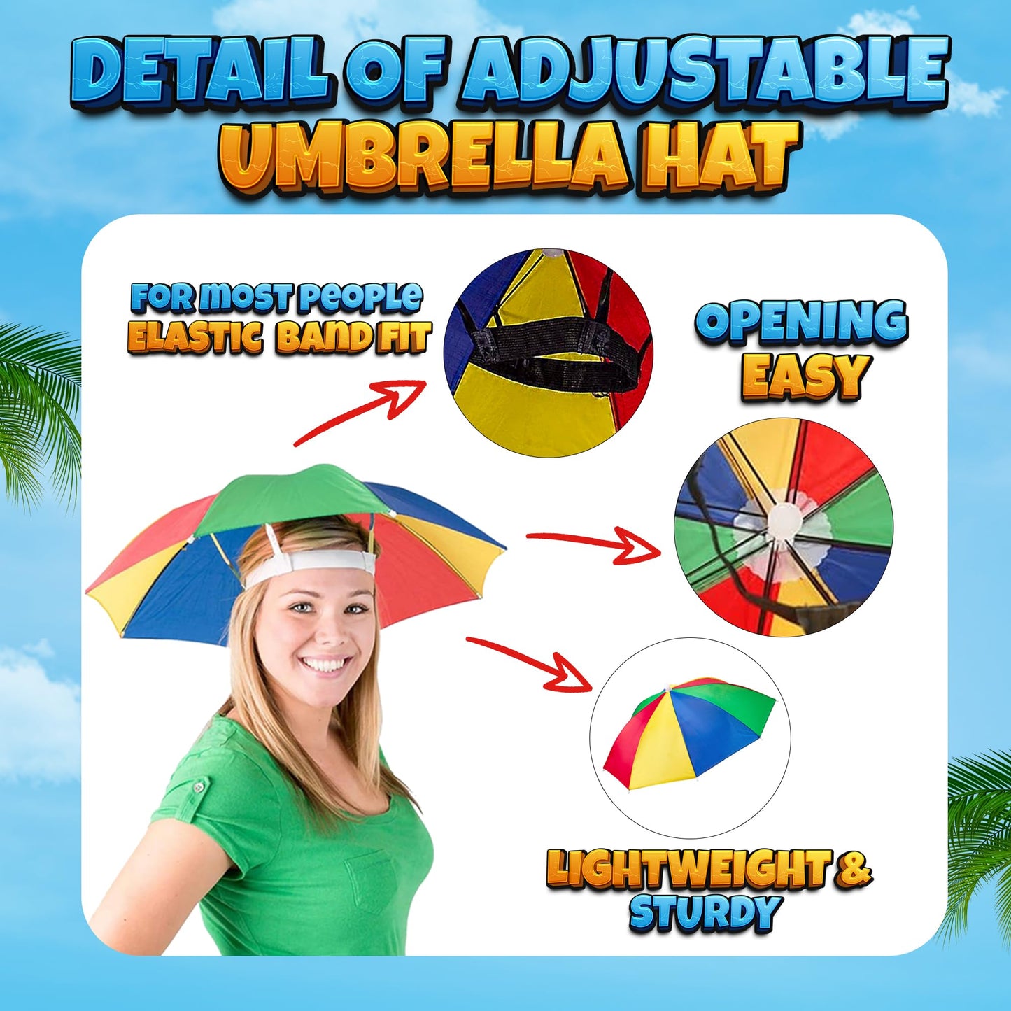 Bedwina Umbrella Hat Pack of 2 – Colorful Rainbow Hats, Hands-Free Sun Protection, One Size Fits All