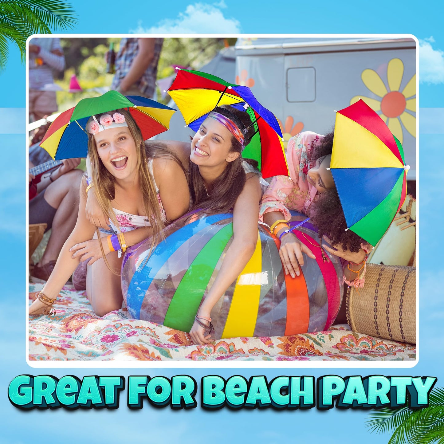 Bedwina Umbrella Hat Pack of 2 – Colorful Rainbow Hats, Hands-Free Sun Protection, One Size Fits All