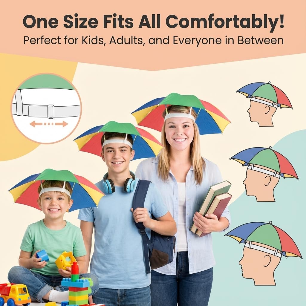 Bedwina Umbrella Hat Pack of 2 – Colorful Rainbow Hats, Hands-Free Sun Protection, One Size Fits All