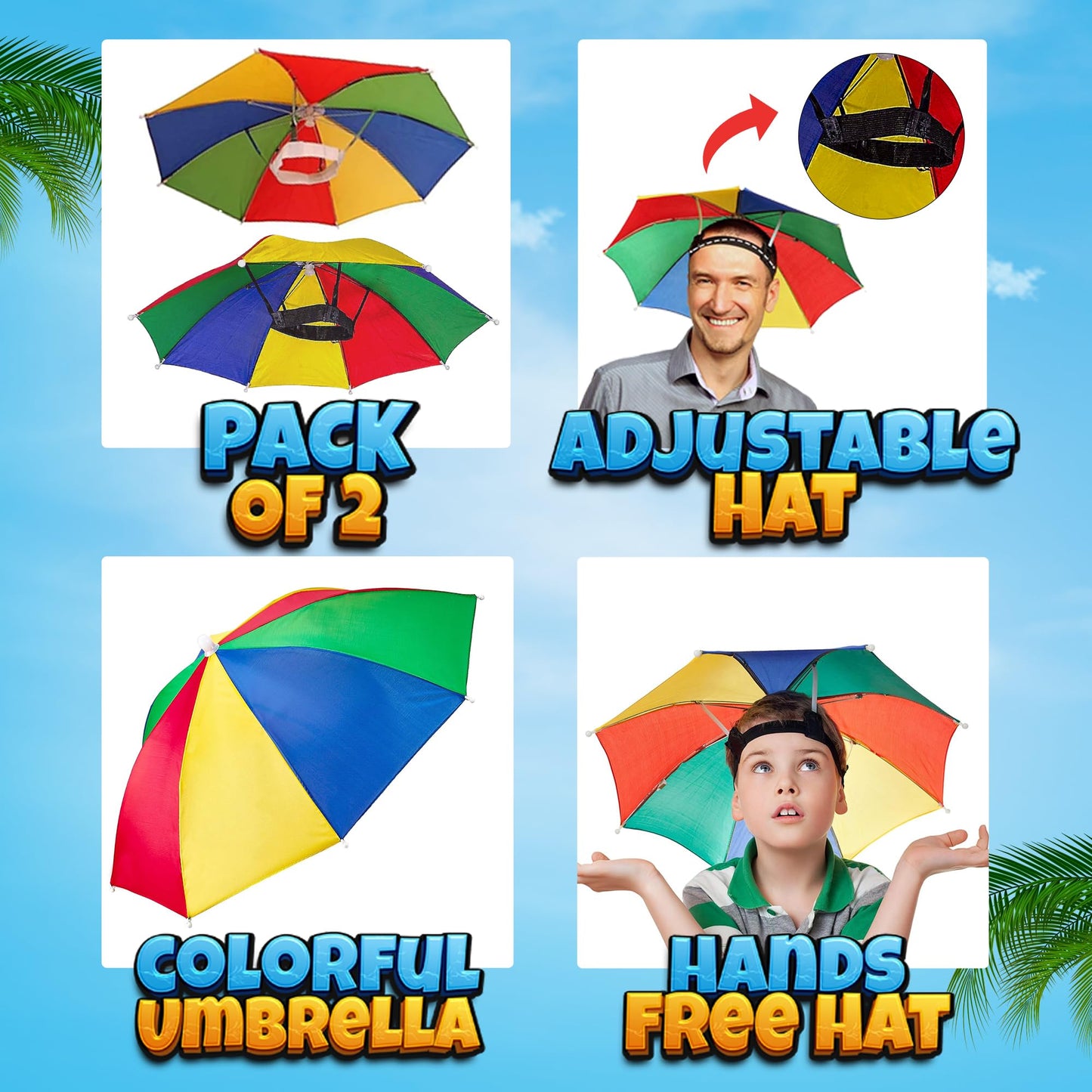 Bedwina Umbrella Hat Pack of 2 – Colorful Rainbow Hats, Hands-Free Sun Protection, One Size Fits All