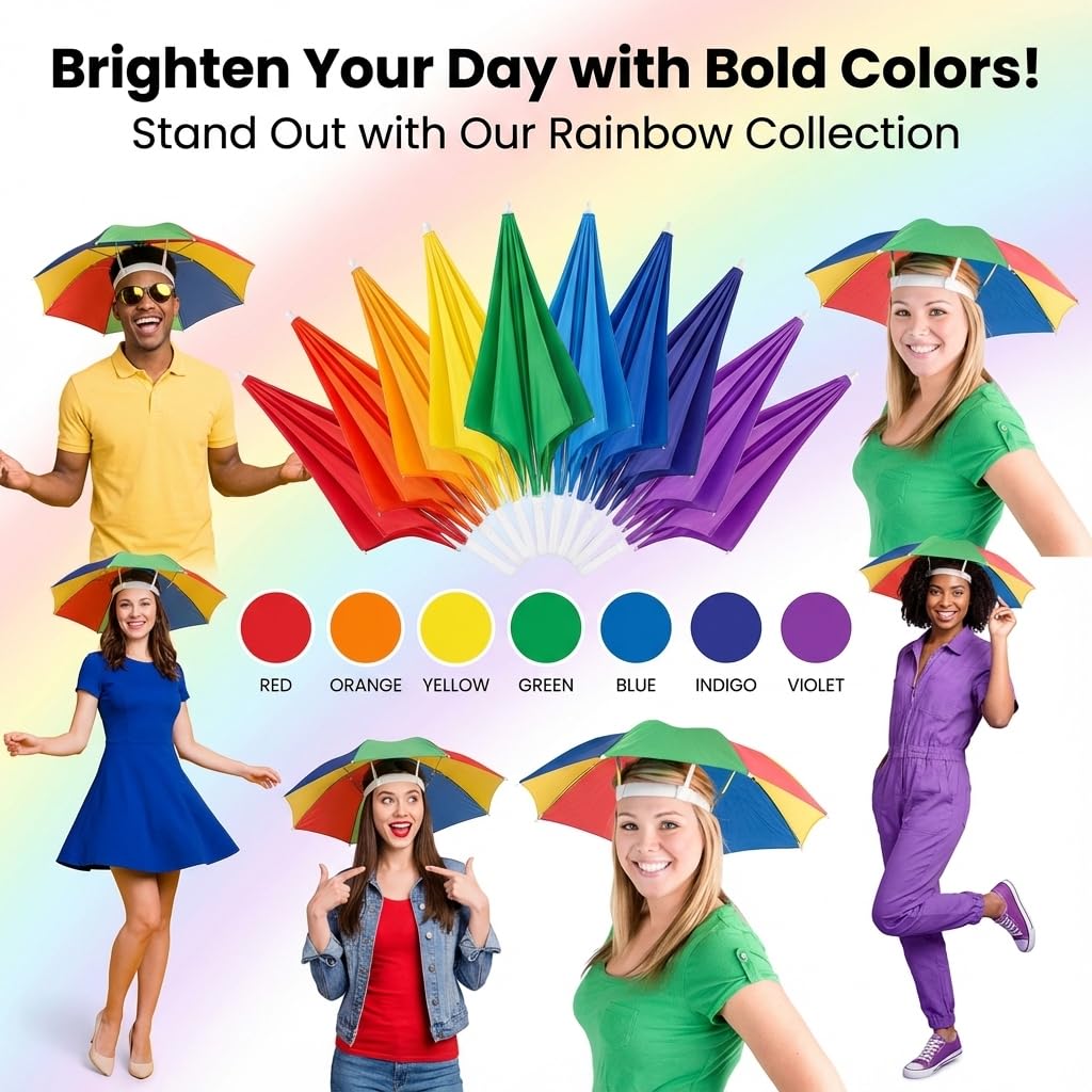 Bedwina Umbrella Hat Pack of 2 – Colorful Rainbow Hats, Hands-Free Sun Protection, One Size Fits All