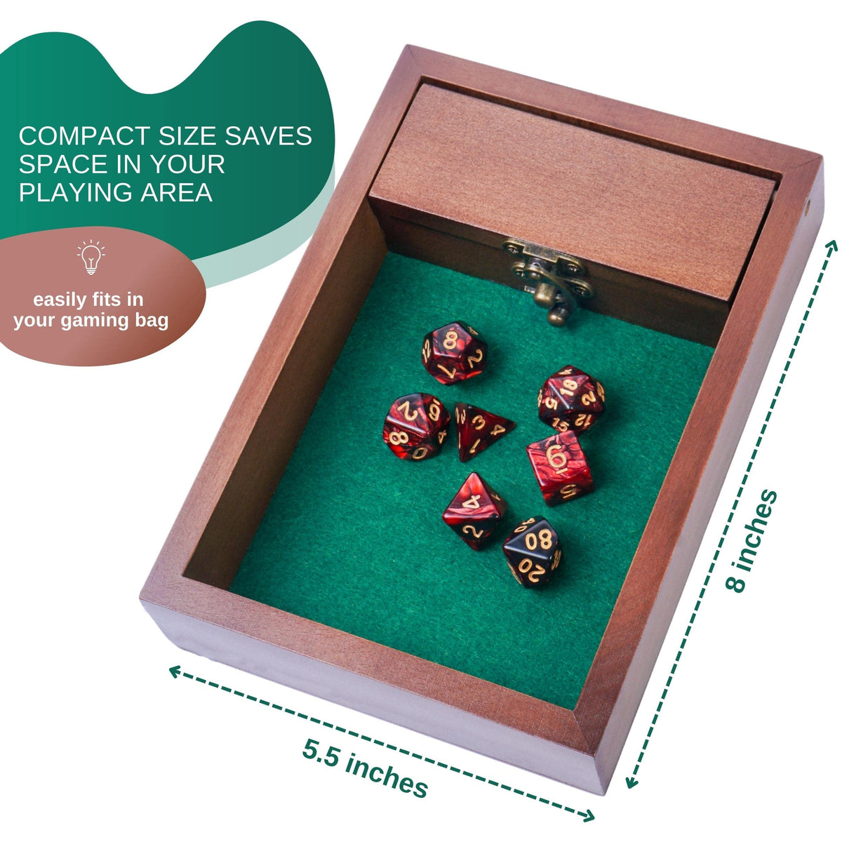 Wooden D&D Dice Tray with Storage Vault — Beech Wood, Green Felt, Metal Latch | Travel Gift