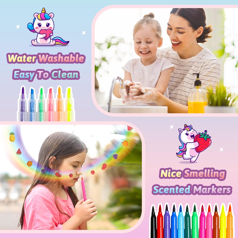 Beefunni Unicorn Fruit Scented Markers Set — 56 Pcs Art Kit for Kids Aged 4-12