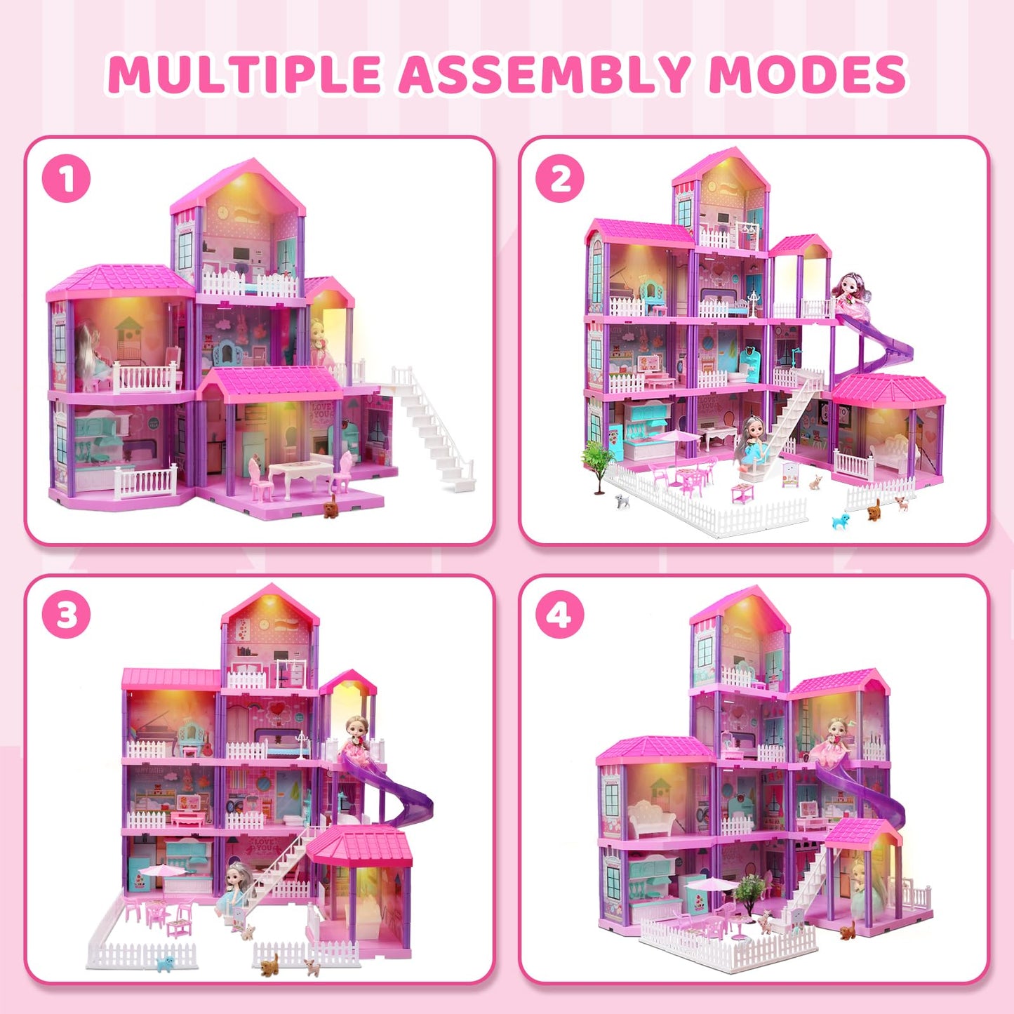 Beefunni Doll House 4-Story Dream Dollhouse with 11 Rooms, 2 Dolls & Furniture