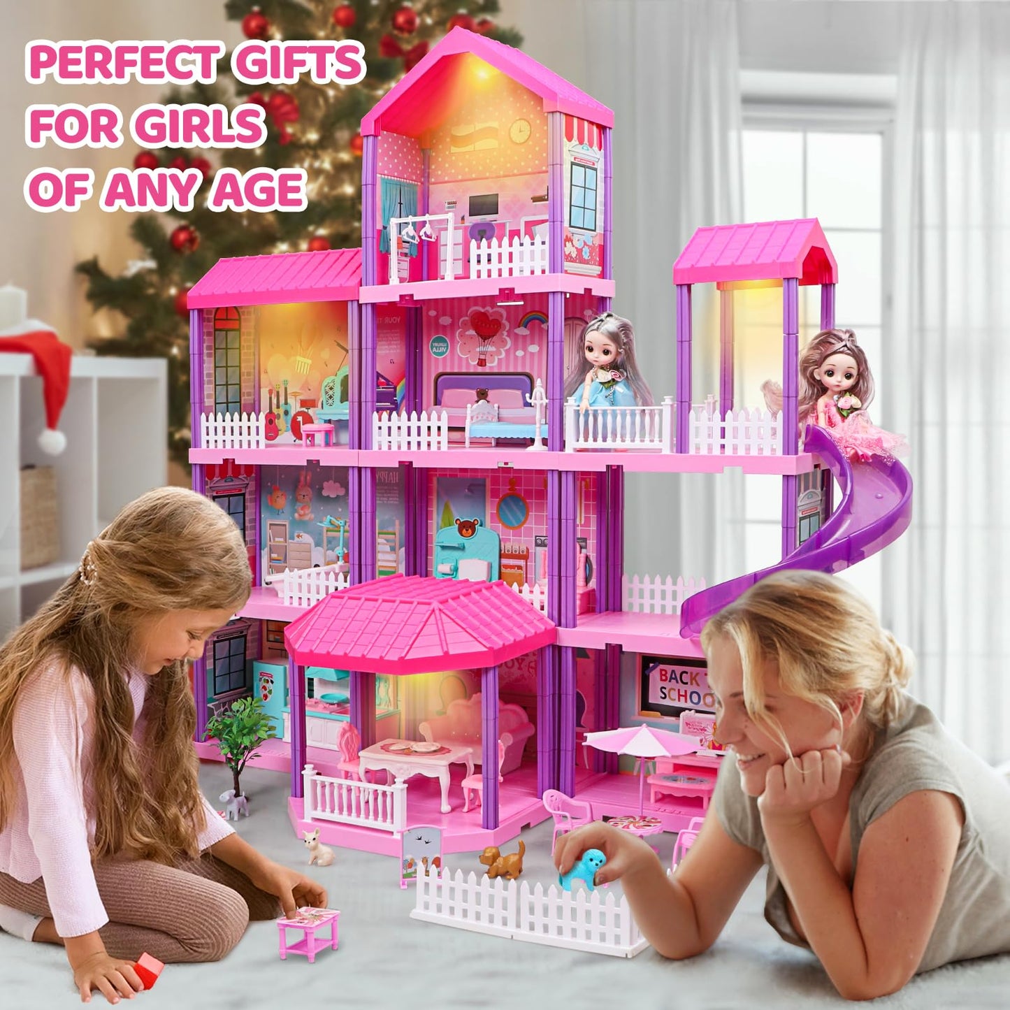 Beefunni Doll House 4-Story Dream Dollhouse with 11 Rooms, 2 Dolls & Furniture