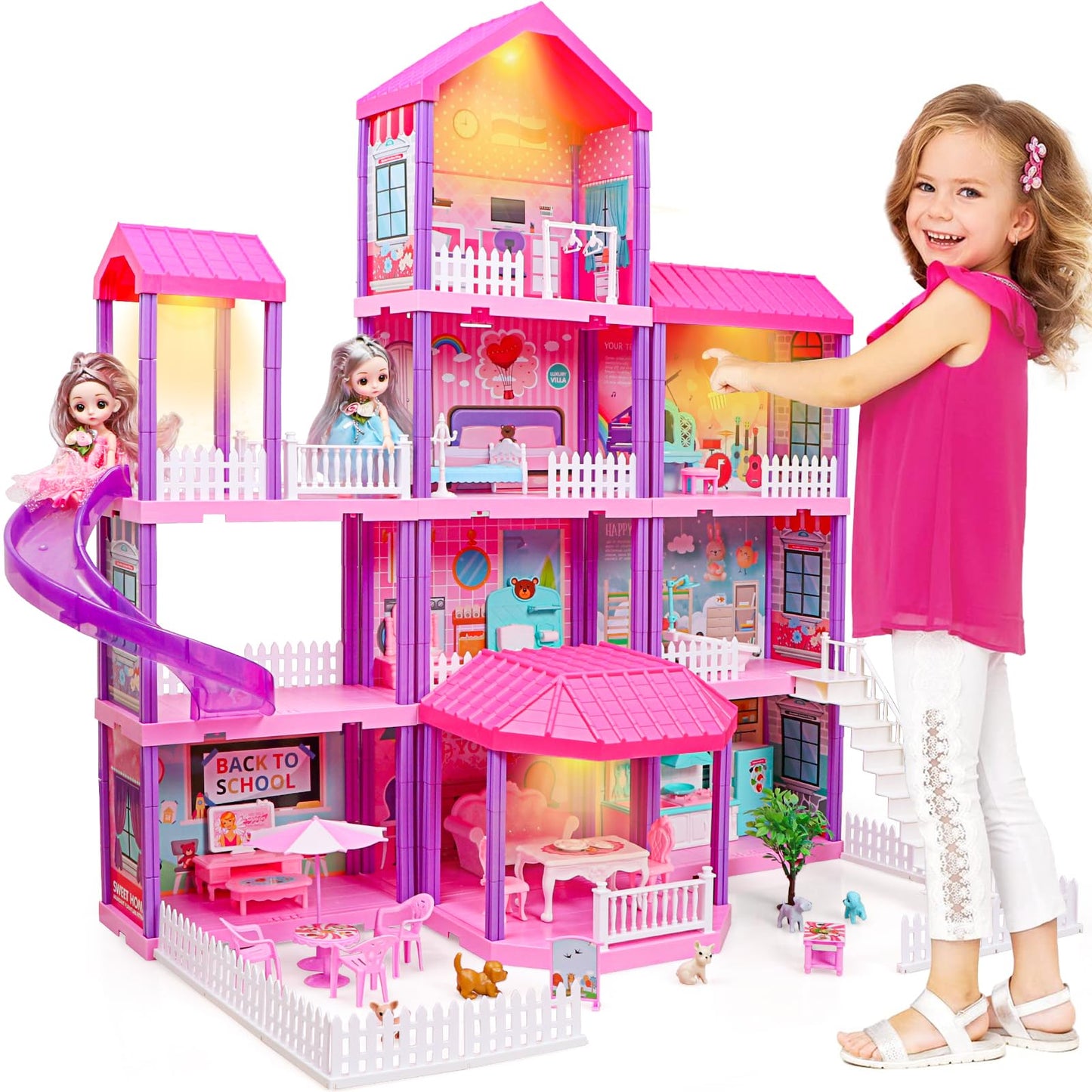 Beefunni Doll House 4-Story Dream Dollhouse with 11 Rooms, 2 Dolls & Furniture