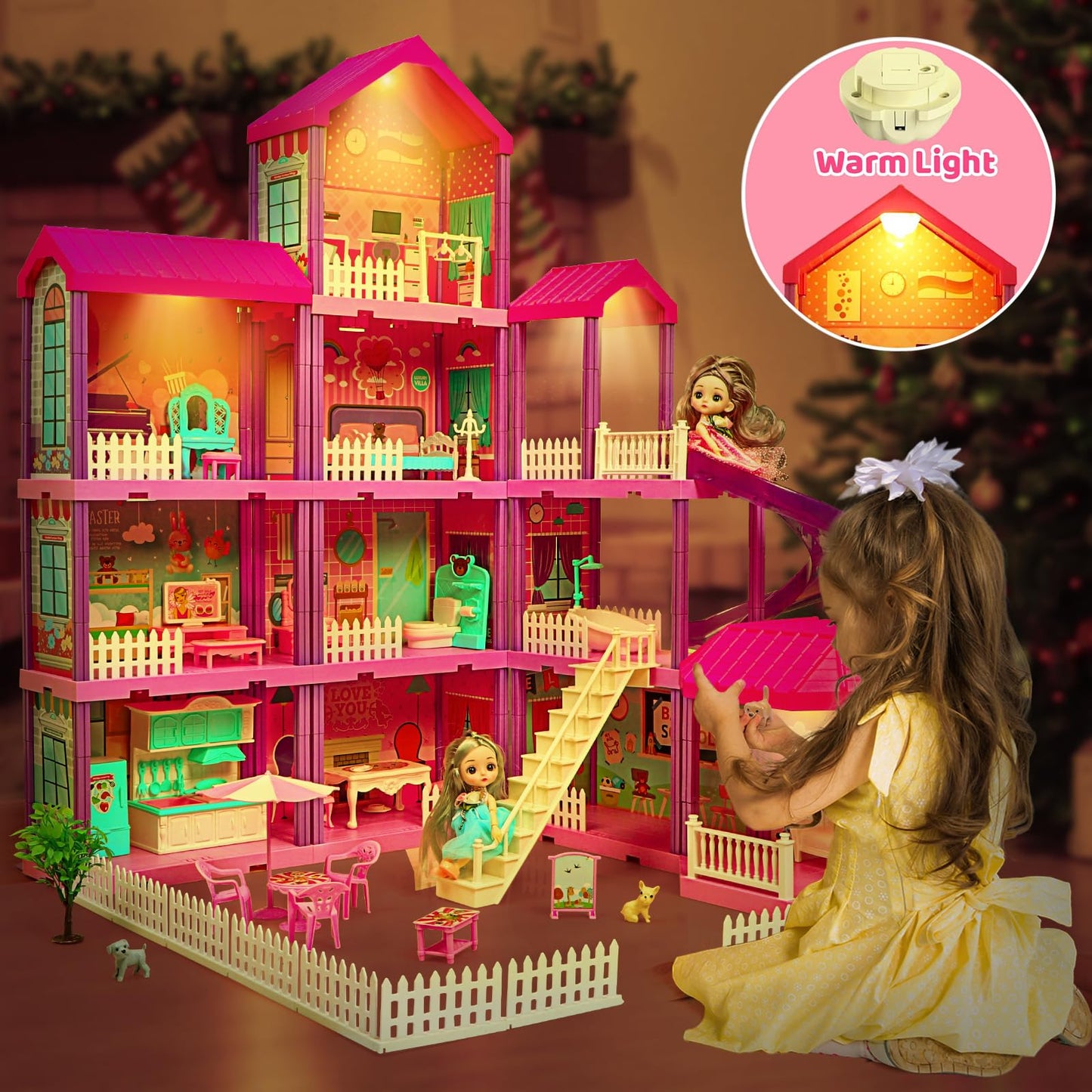Beefunni Doll House 4-Story Dream Dollhouse with 11 Rooms, 2 Dolls & Furniture