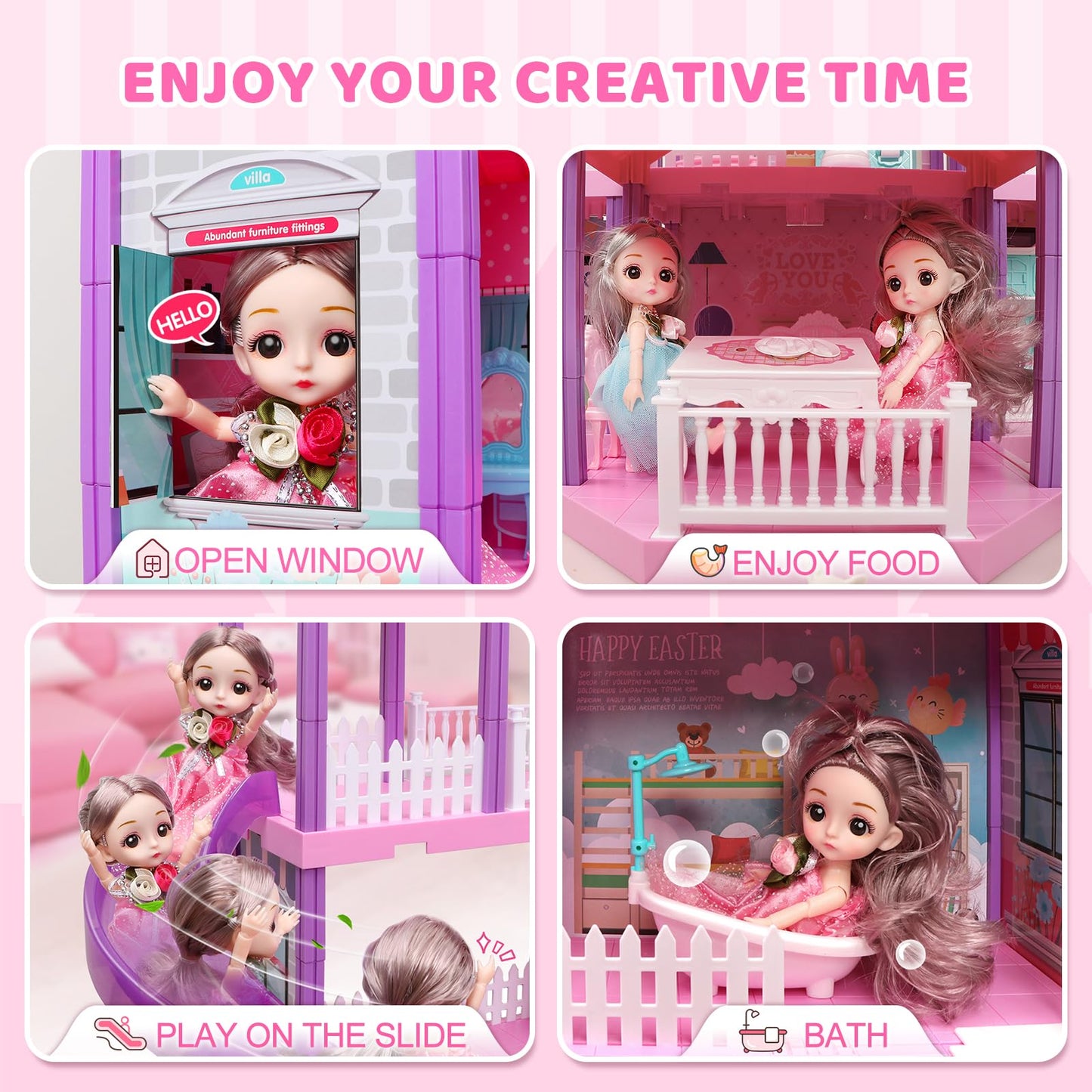 Beefunni Doll House 4-Story Dream Dollhouse with 11 Rooms, 2 Dolls & Furniture