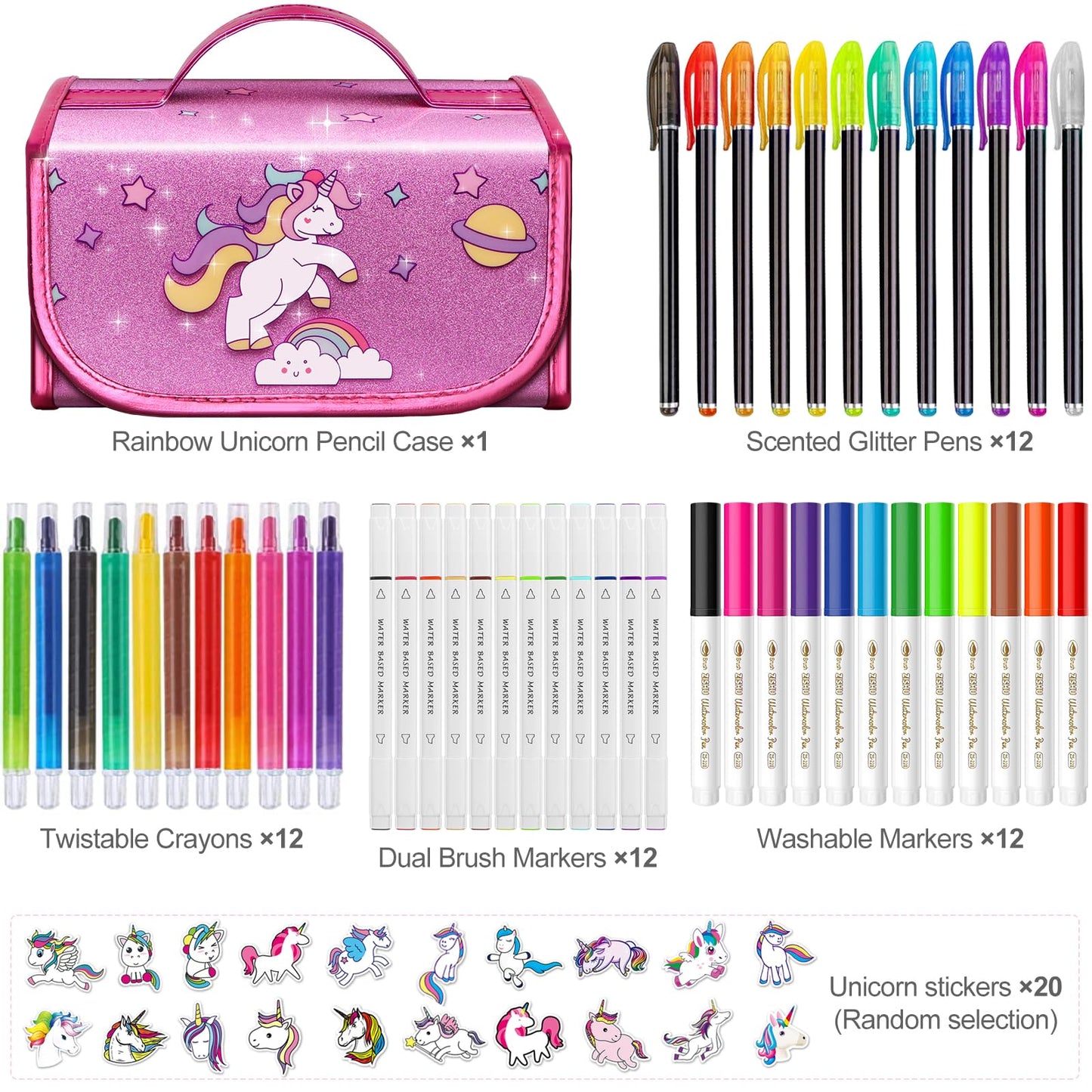 Beefunni Unicorn Washable Markers Set – 48 Pcs with Glitter Pencil Case | Kids Art Supplies for Ages 4-9