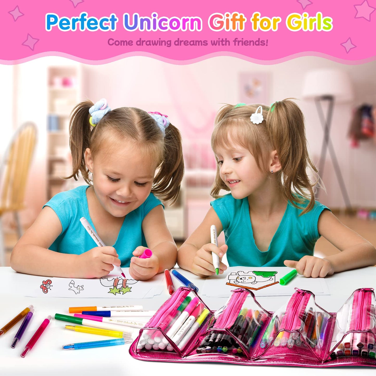 Beefunni Unicorn Washable Markers Set – 48 Pcs with Glitter Pencil Case | Kids Art Supplies for Ages 4-9