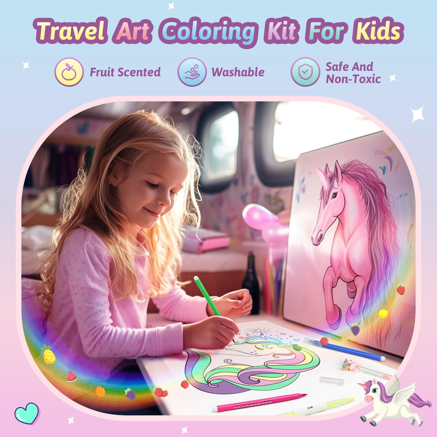 Beefunni Unicorn Fruit Scented Markers Set — 56 Pcs Art Kit for Kids Aged 4-12