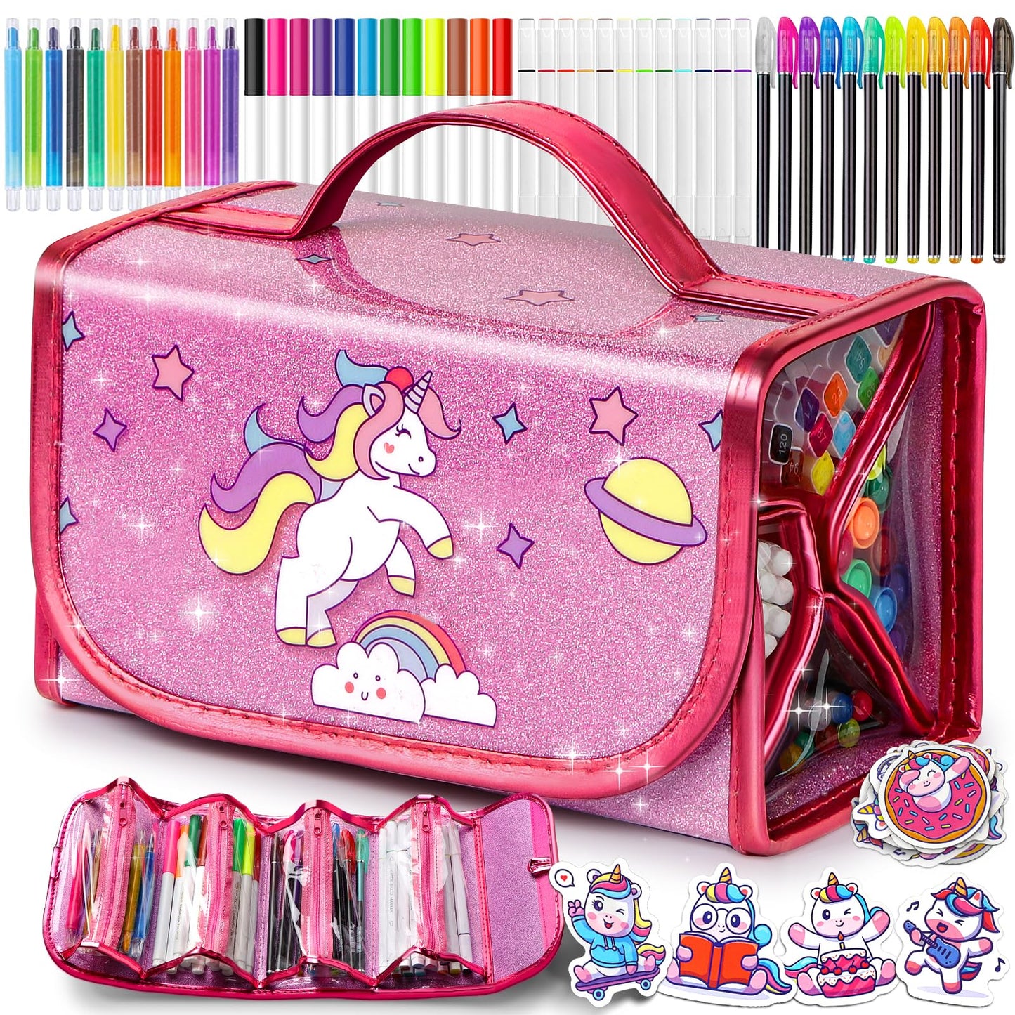 Beefunni Unicorn Washable Markers Set – 48 Pcs with Glitter Pencil Case | Kids Art Supplies for Ages 4-9