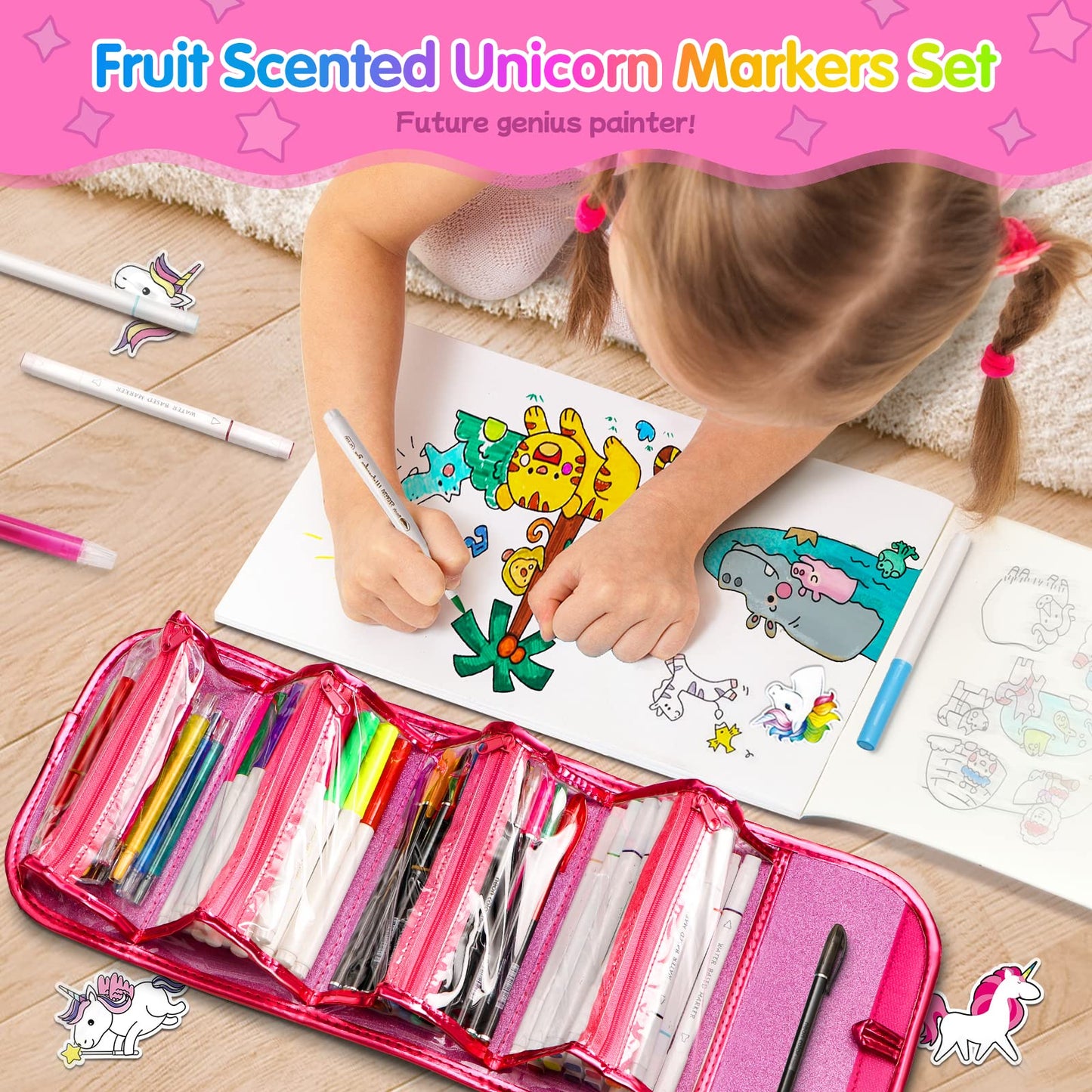 Beefunni Unicorn Washable Markers Set – 48 Pcs with Glitter Pencil Case | Kids Art Supplies for Ages 4-9