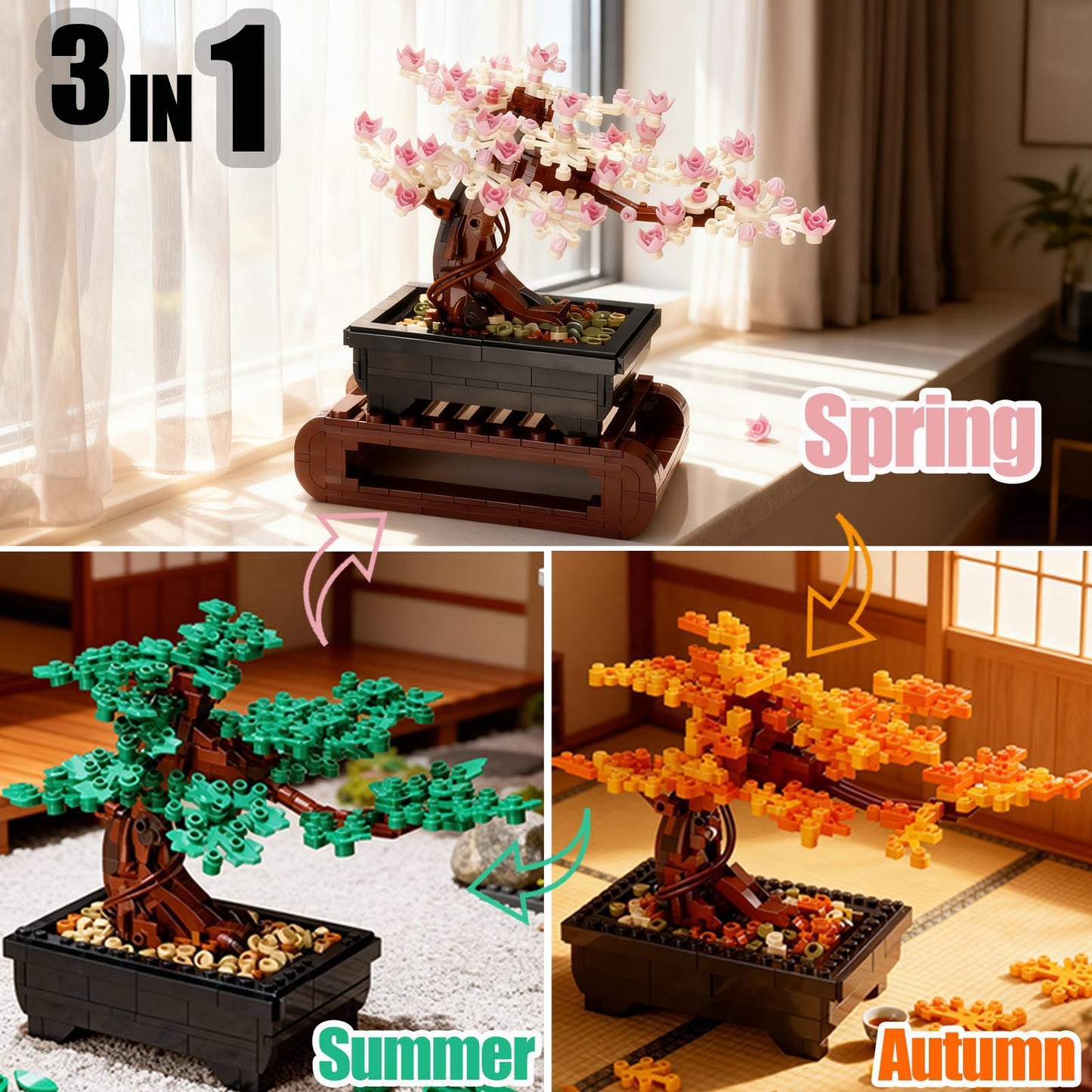 Beego 3IN1 Cherry Blossom Bonsai Tree Building Blocks Set – 1229 Pcs, 4-Season Leaves, Pink Flowers, Lego-Compatible